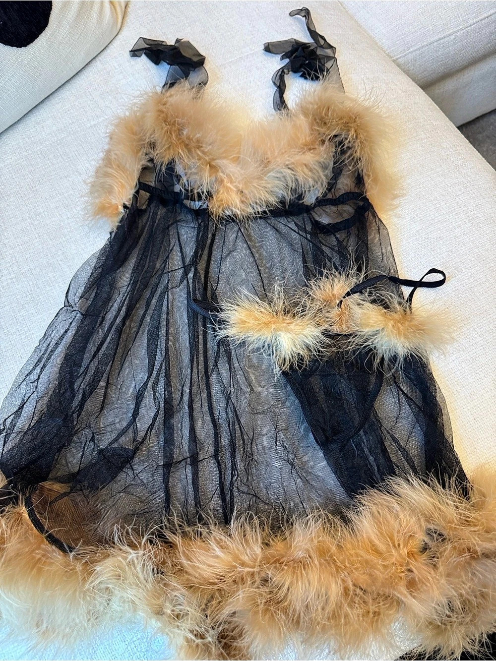 Agent Provocateur Sheer Fur Trim Chemise in Black & Brown Size Medium